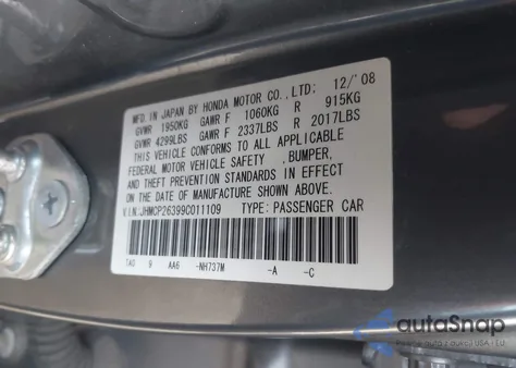 2009 Honda Accord 2.4 Lx z USA, uszkodzony, nr VIN JHMCP26399C011109